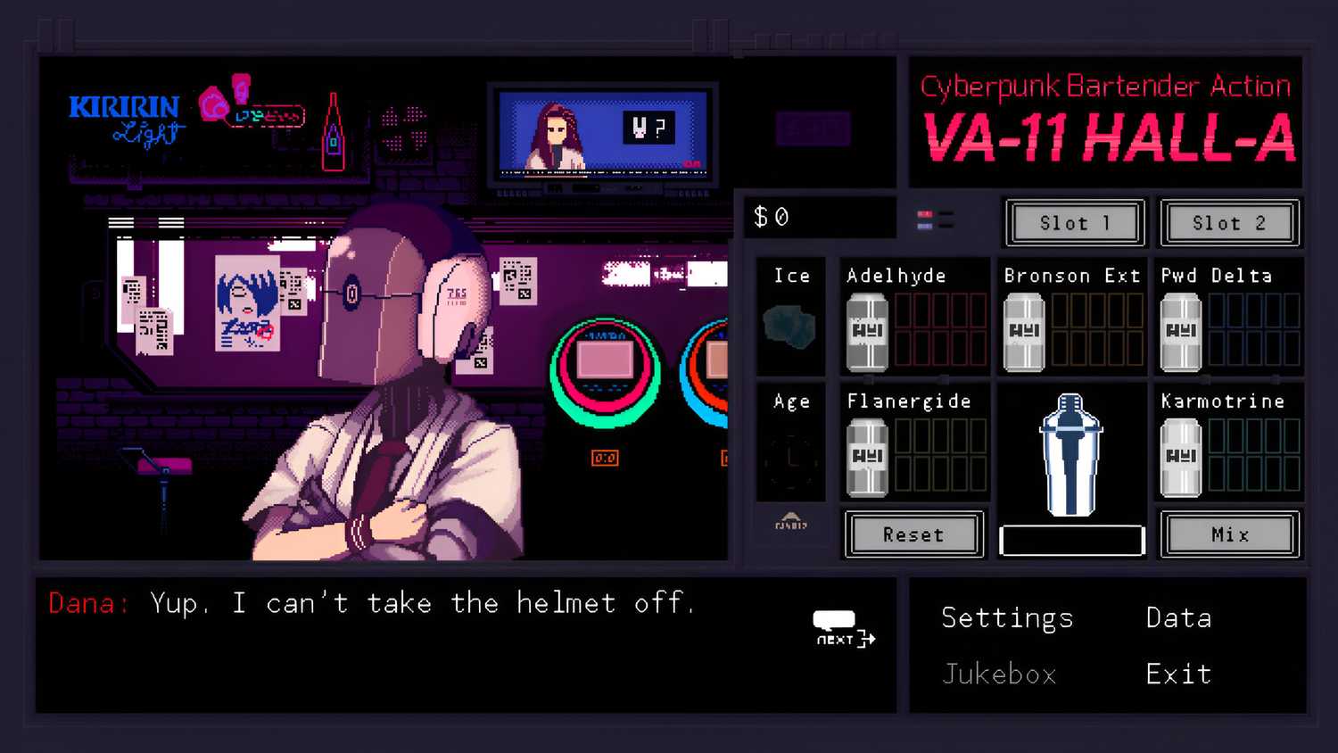 A customer with a helmet on at the bar in VA-11 Hall-A.