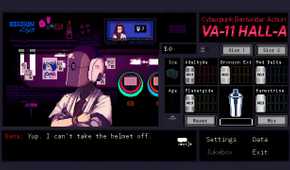 A customer with a helmet on at the bar in VA-11 Hall-A.