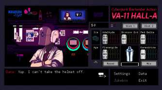 A customer with a helmet on at the bar in VA-11 Hall-A.