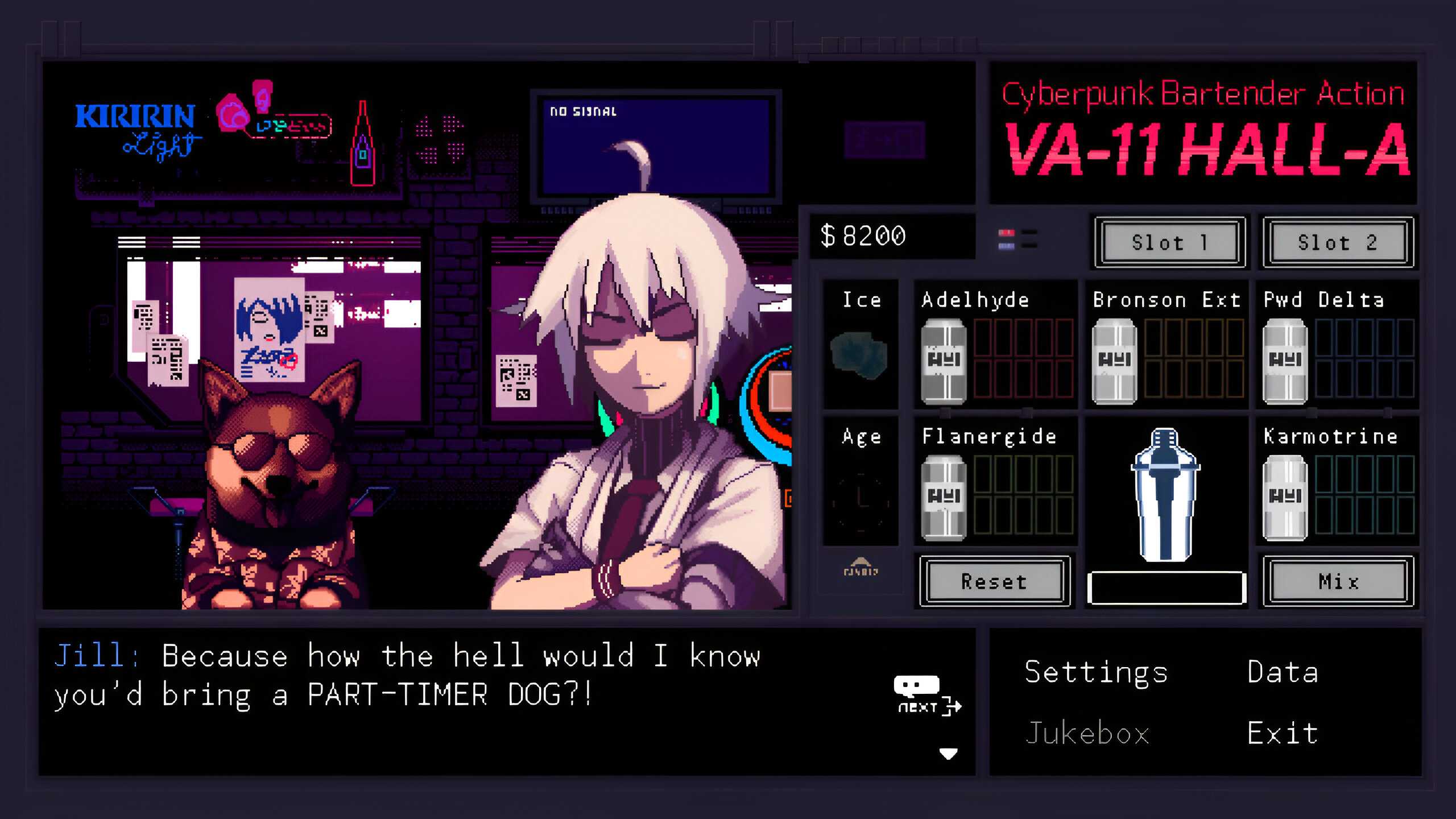 Jill talking to a customer with a dog in VA-11 Hall-A.