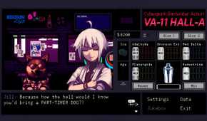 Jill talking to a customer with a dog in VA-11 Hall-A.