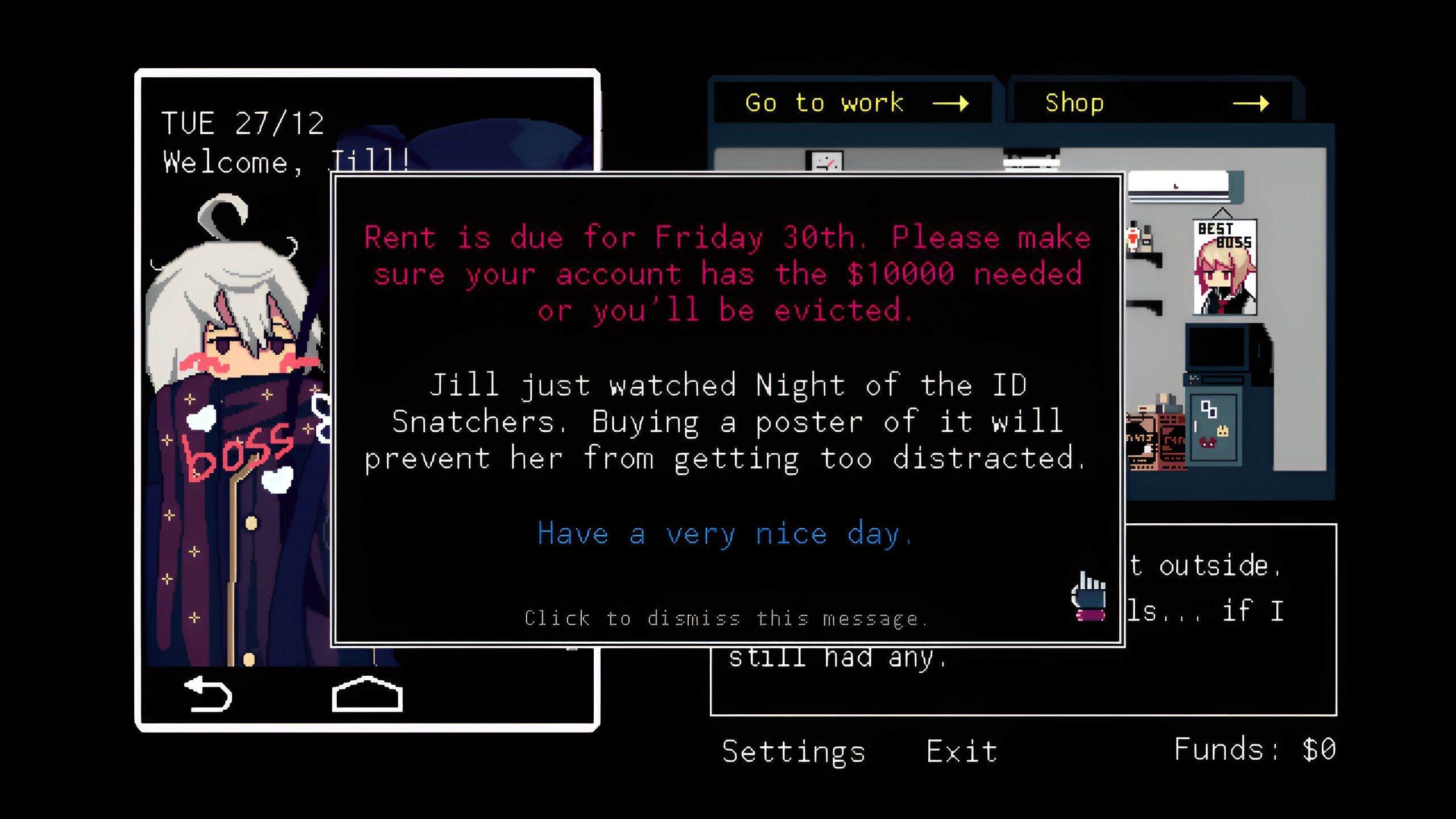 Rent reminder in VA-11 Hall-A.