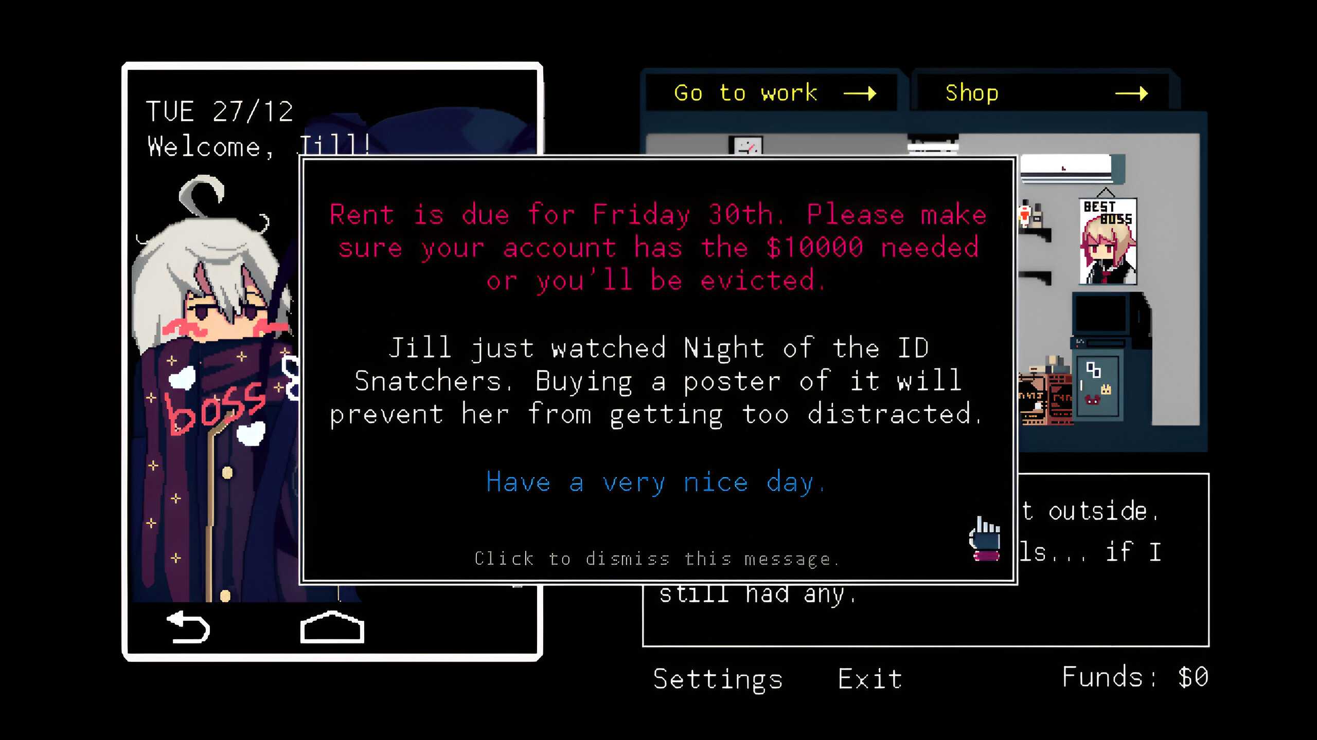 Rent reminder in VA-11 Hall-A.