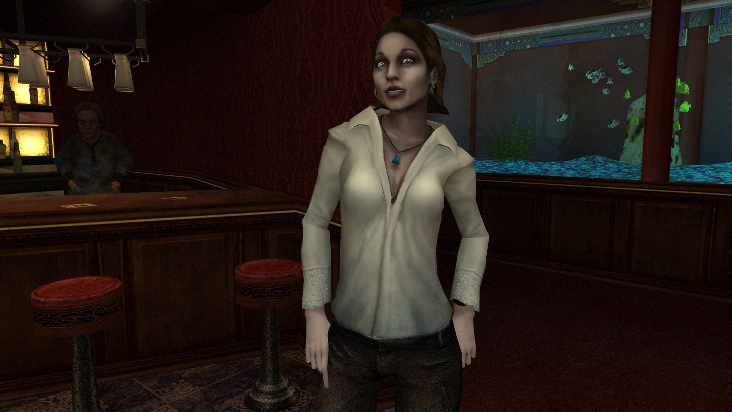 A woman in a bar in Vampire: The Masquerade — Bloodlines.