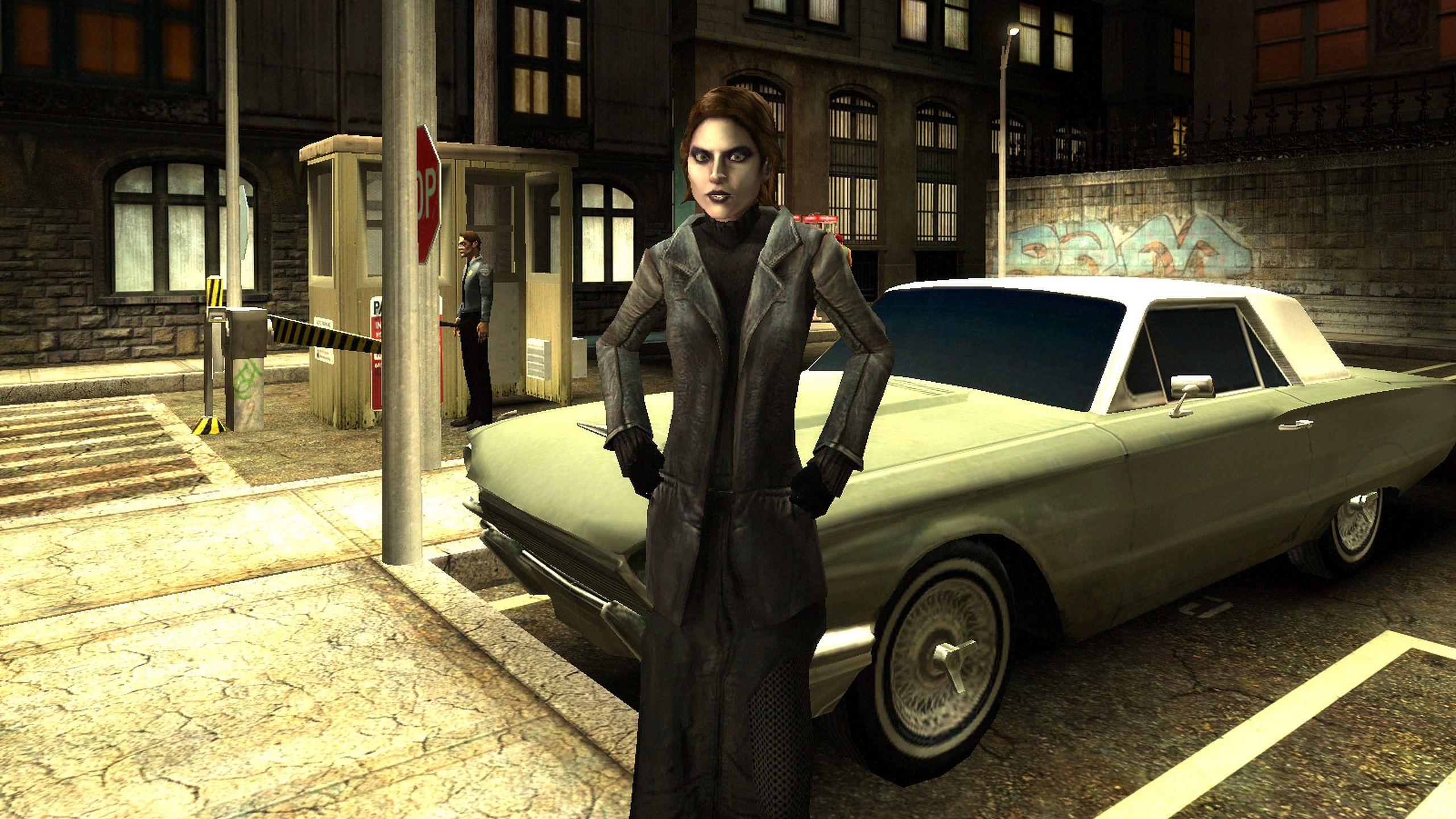 A woman standing next to a coupe in Vampire: The Masquerade — Bloodlines
