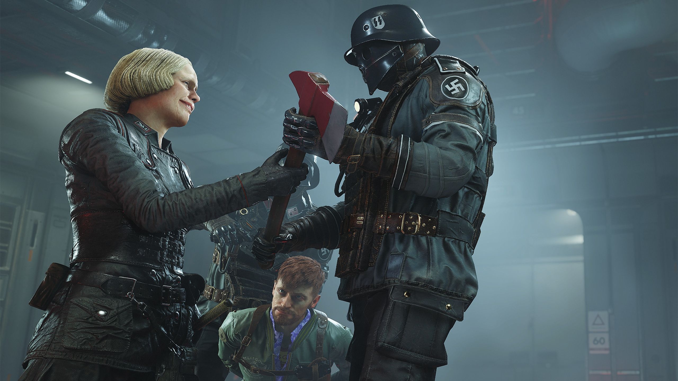 Frau Engel holding an axe over Fergus in Wolfenstein: The New Colossus.