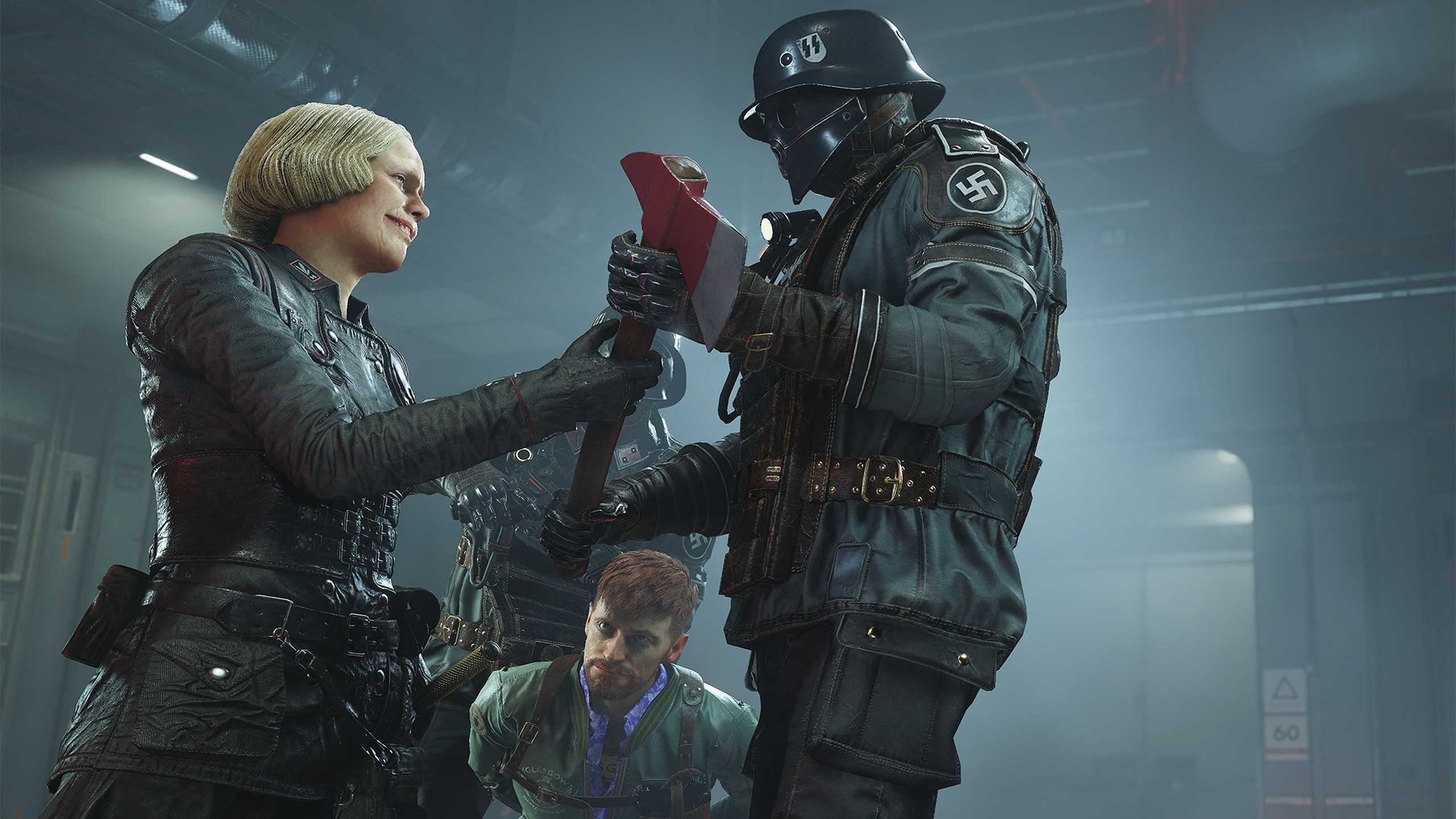 Frau Engel holding an axe over Fergus in Wolfenstein: The New Colossus.