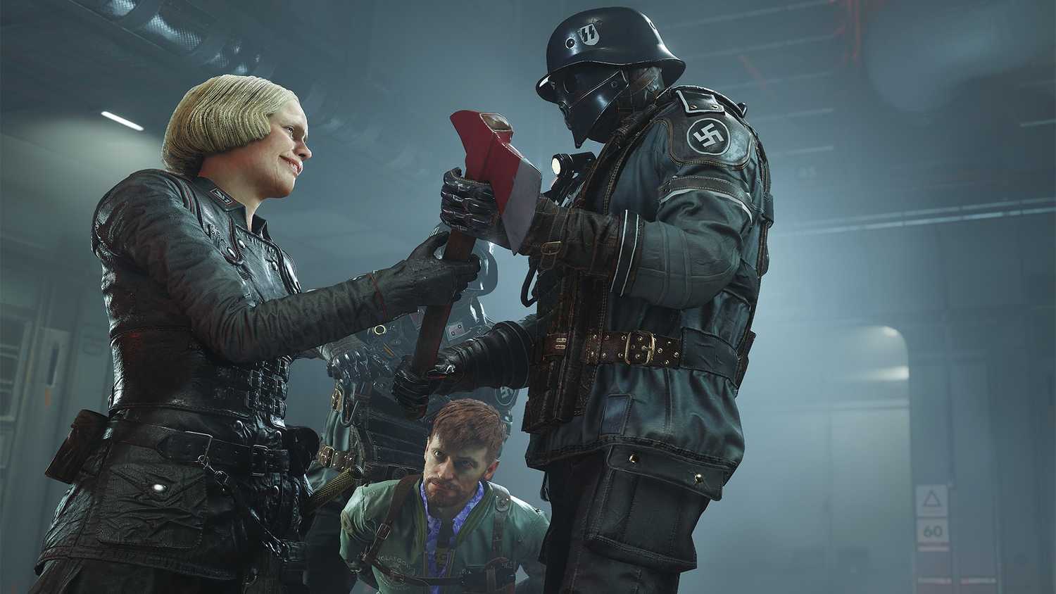 Frau Engel holding an axe over Fergus in Wolfenstein: The New Colossus.