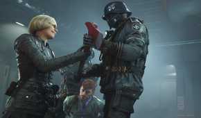 Frau Engel holding an axe over Fergus in Wolfenstein: The New Colossus.