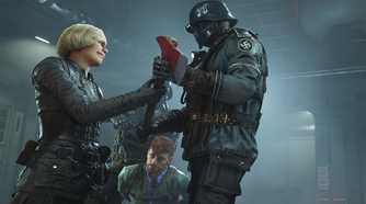 Frau Engel holding an axe over Fergus in Wolfenstein: The New Colossus.