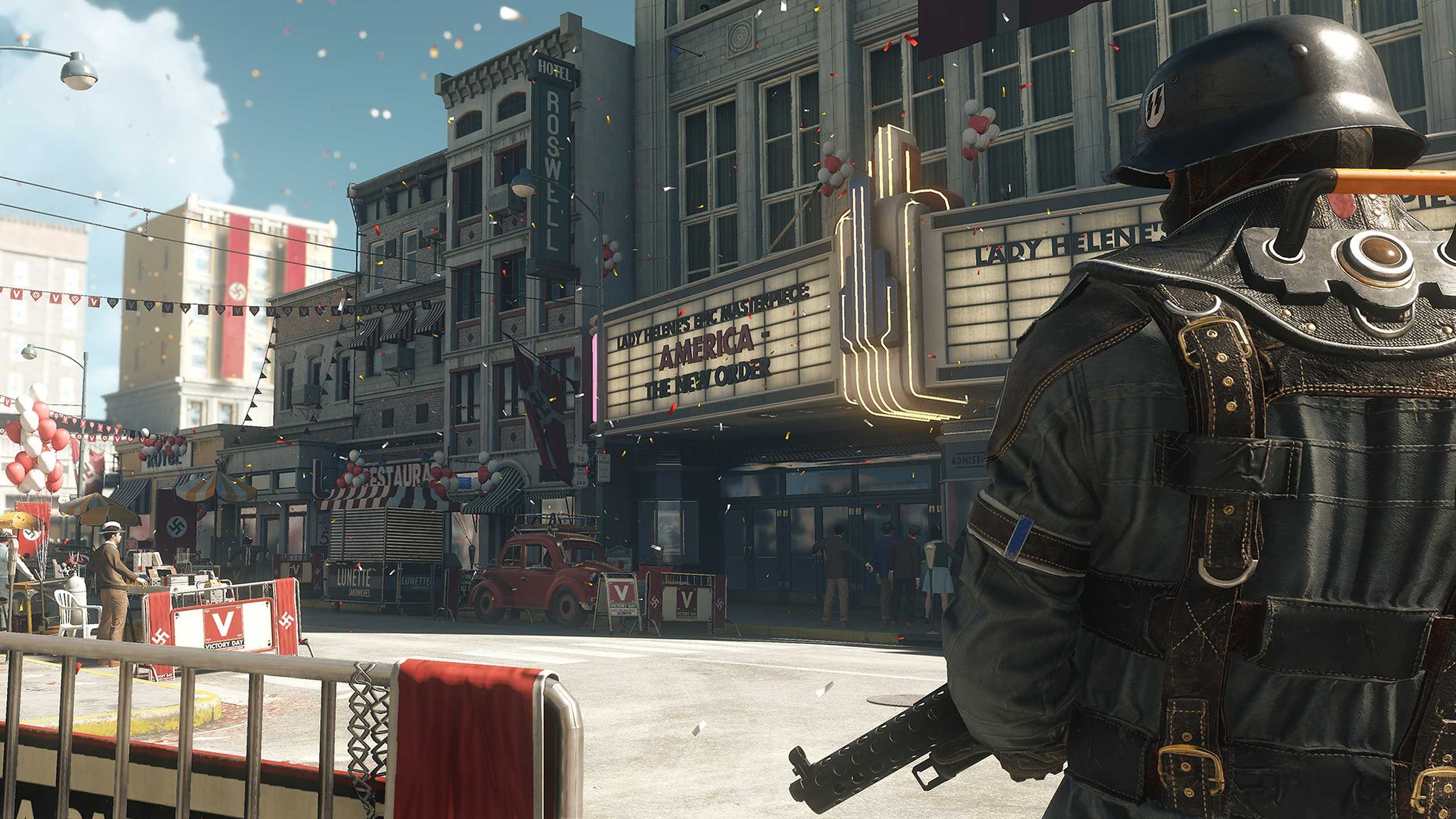 A Nazi soldier standing outside a theater in Wolfenstein: The New Colossus.