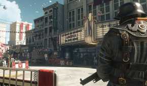 A Nazi soldier standing outside a theater in Wolfenstein: The New Colossus.