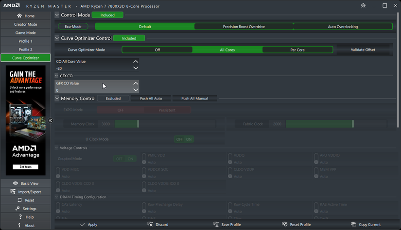 A screenshot of Ryzen Master showing a mild undervolt