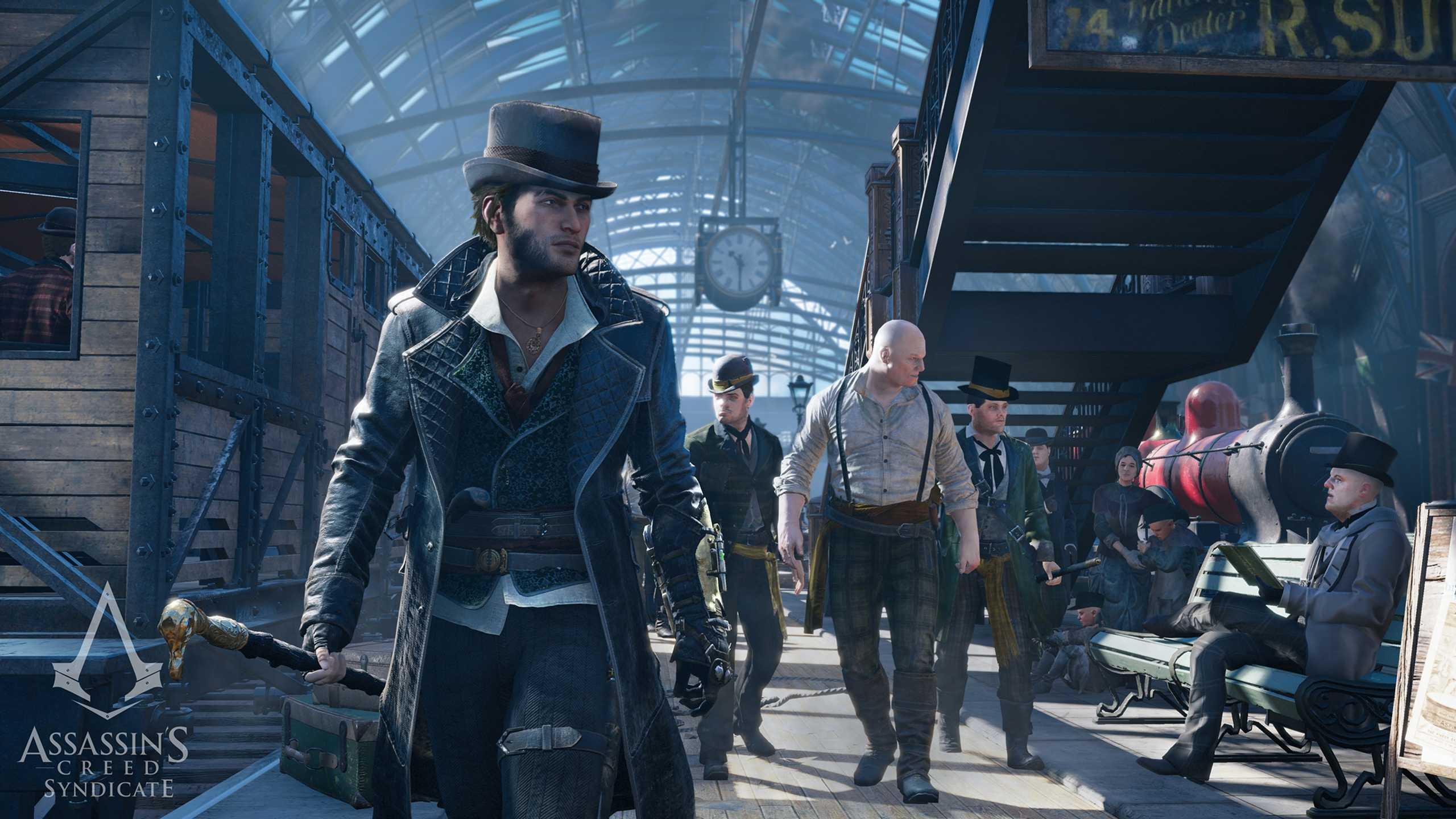 Jacob Frye at a bustling and busy train station in Assassin's Creed Syndicate.