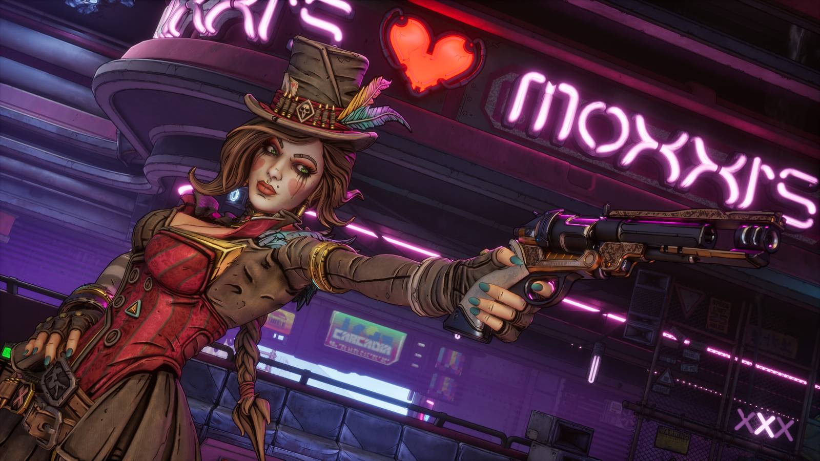 Moxxi from Borderlands 4 aiming a pistol.