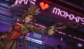 Moxxi from Borderlands 4 aiming a pistol.