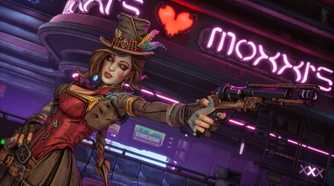 Moxxi from Borderlands 4 aiming a pistol.