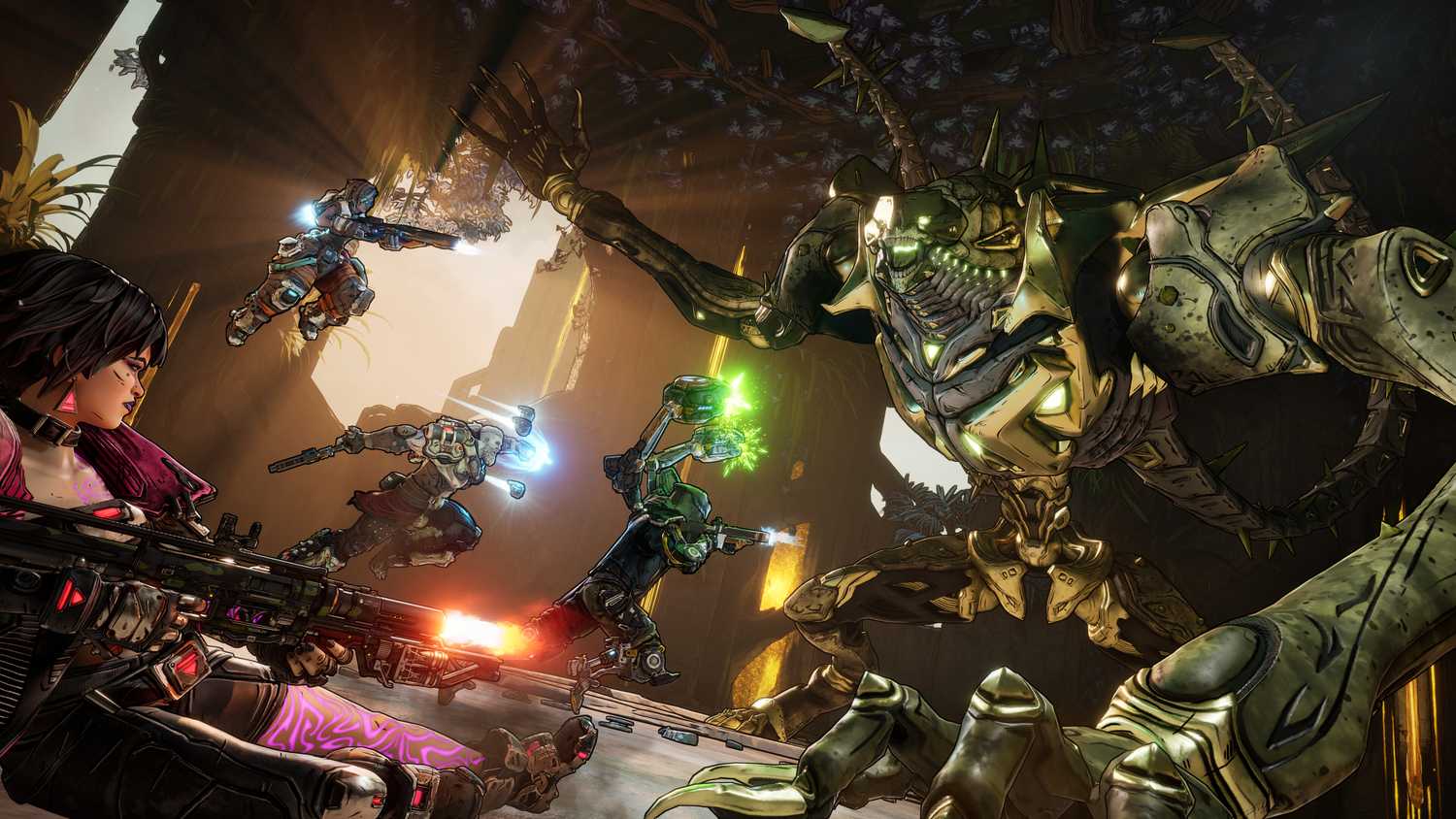 The vault hunter squad attacking a boss in Borderlands 4.