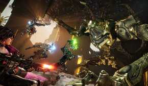 The vault hunter squad attacking a boss in Borderlands 4.