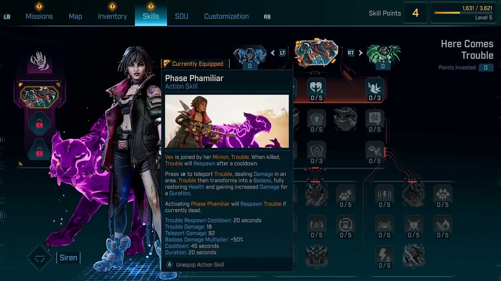 A screenshot of the skills screen in Borderlands 4