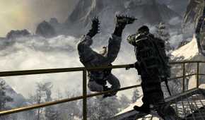 A person throwing a guard off a high railing in Call of Duty: Black Ops.