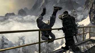 A person throwing a guard off a high railing in Call of Duty: Black Ops.