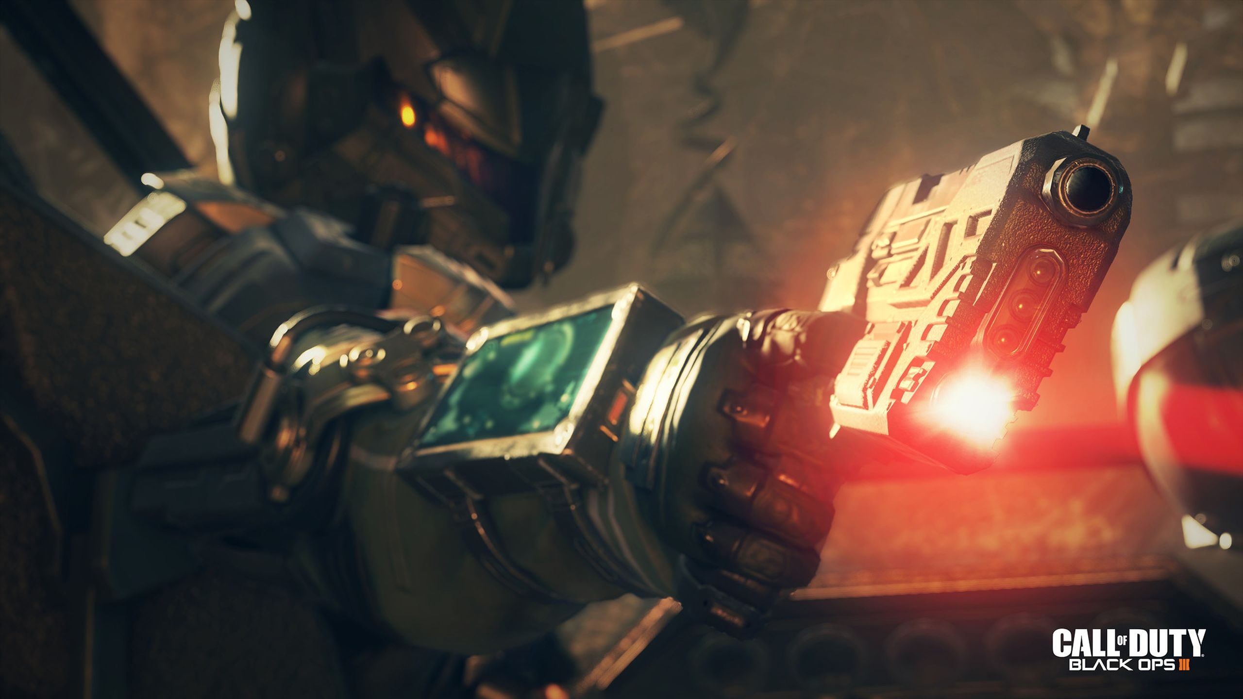 A soldier aiming a laser-sight pistol in Call of Duty: Black Ops III.