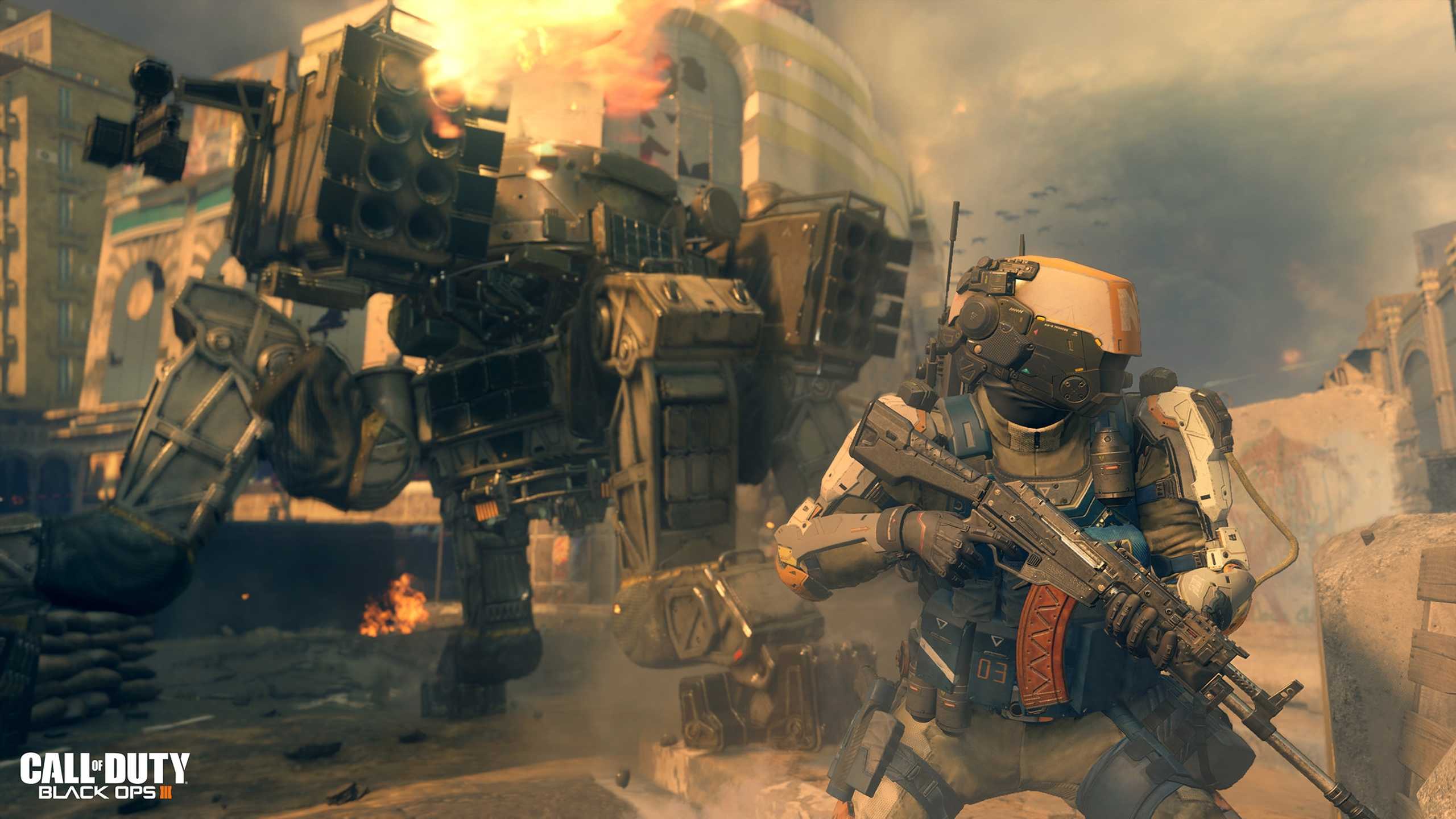 An armored soldier standing next to a robotic mech in Call of Duty: Black Ops III.