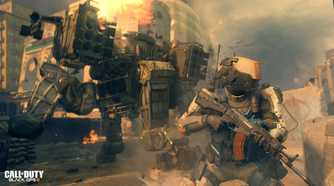 An armored soldier standing next to a robotic mech in Call of Duty: Black Ops III.