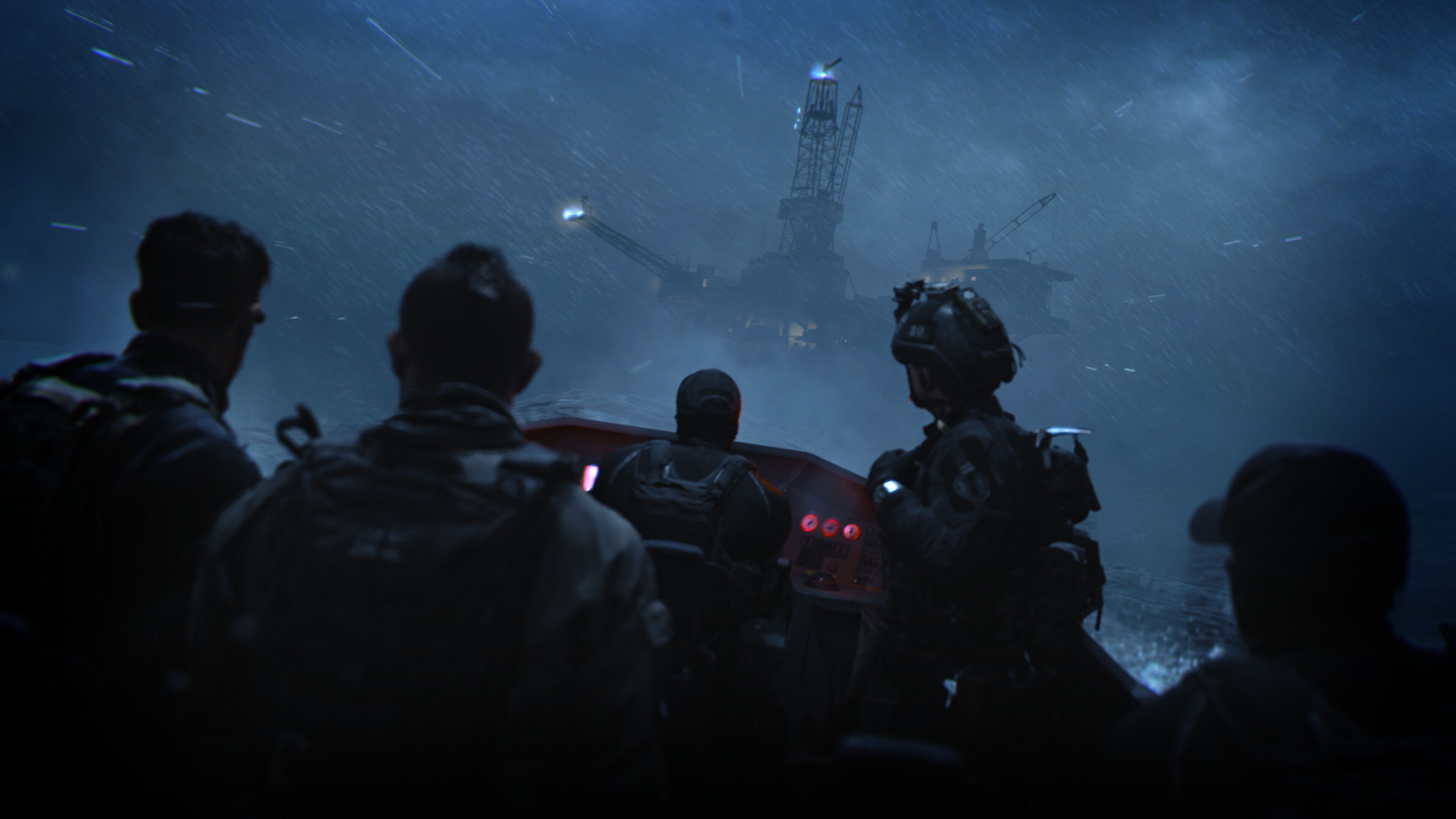 Task Force 141 in a boat headed towards a mining ship in Call of Duty: Modern Warfare II.