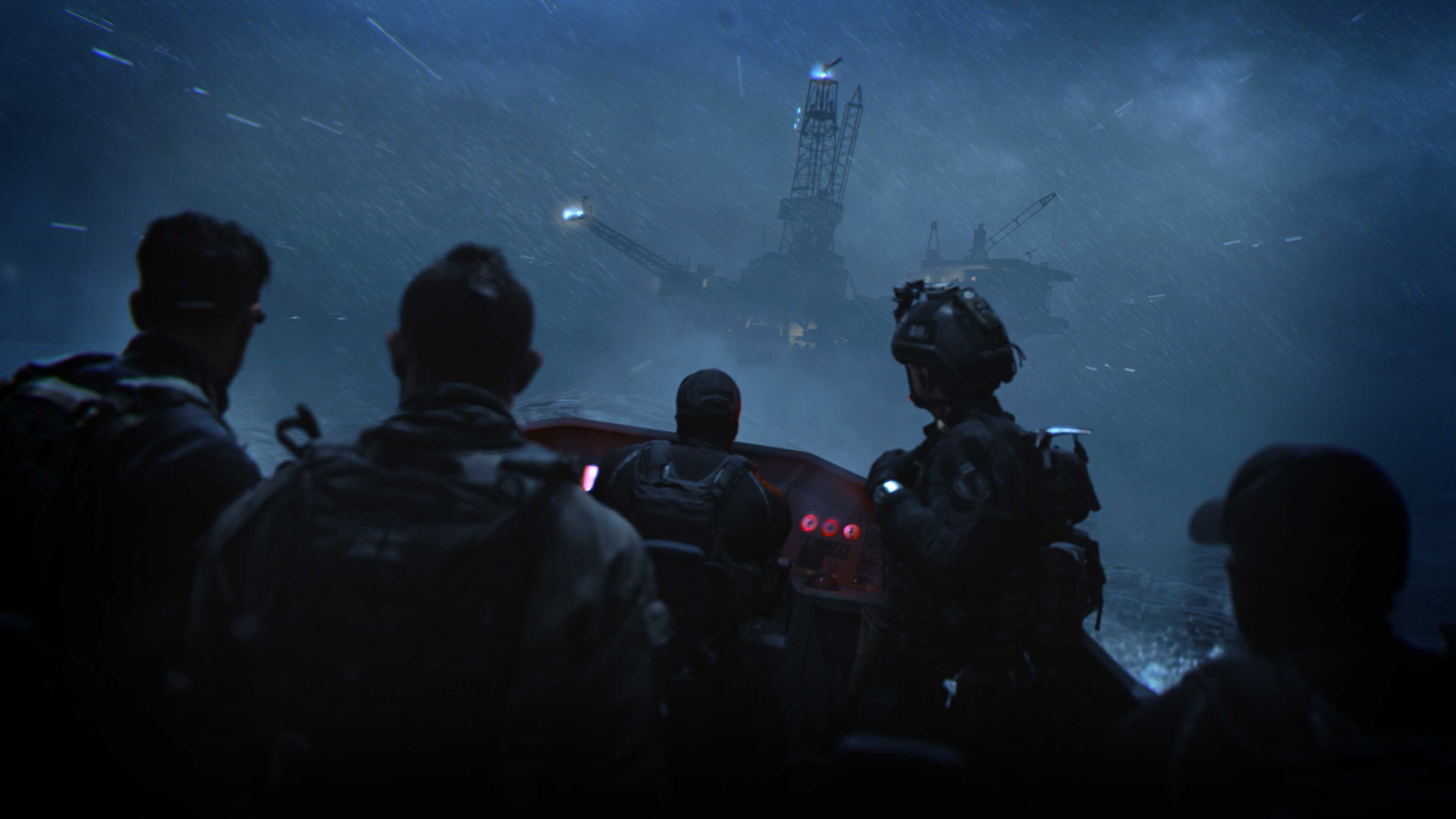 Task Force 141 in a boat headed towards a mining ship in Call of Duty: Modern Warfare II.