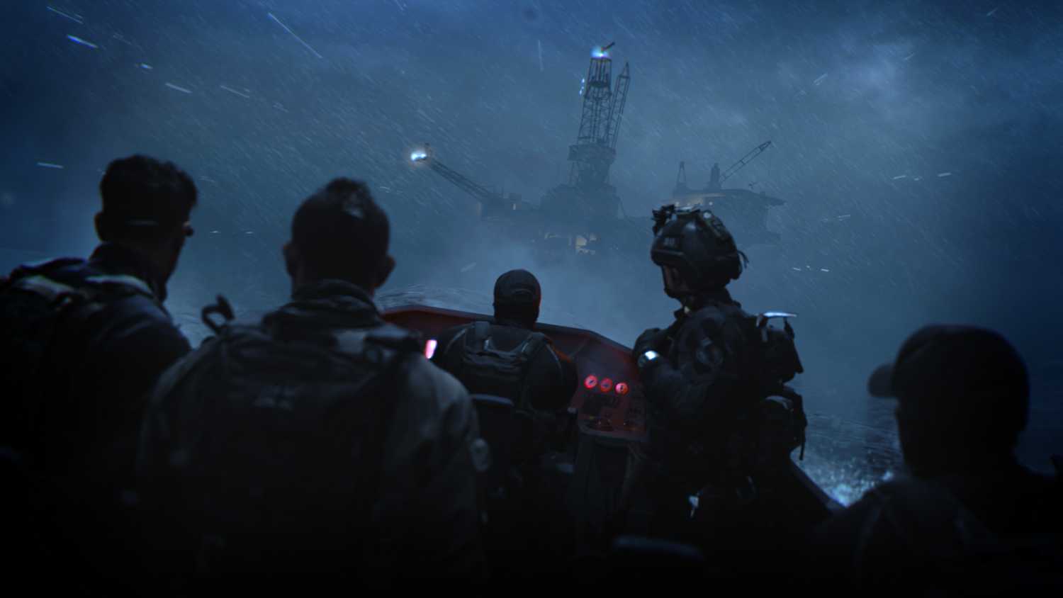 Task Force 141 in a boat headed towards a mining ship in Call of Duty: Modern Warfare II.