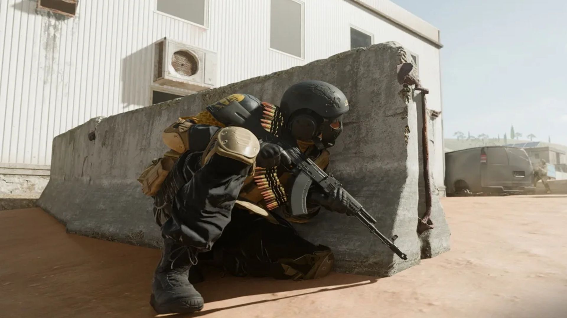 A screenshot of a solider in cover in Call of Duty: Warzone
