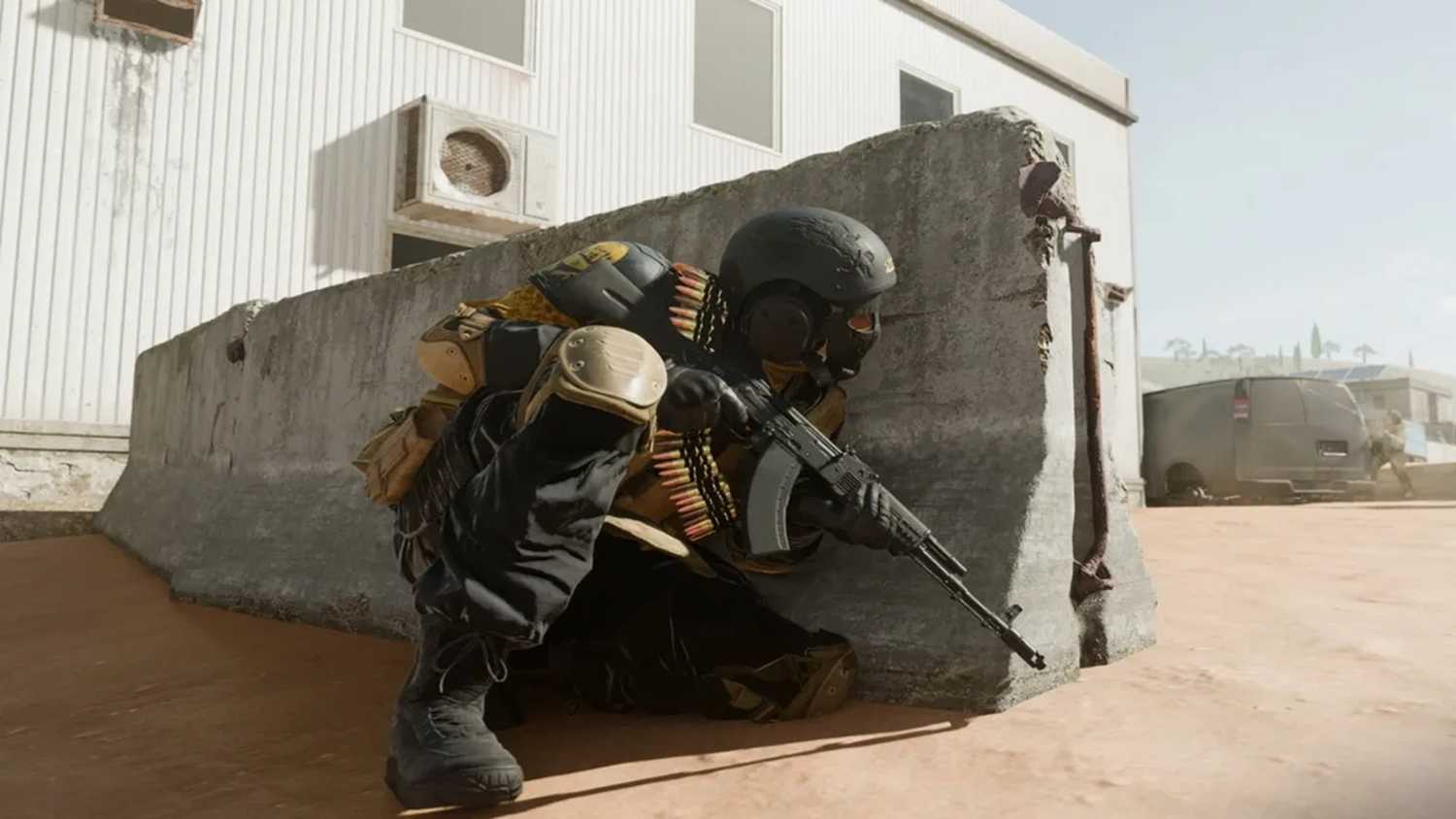 A screenshot of a solider in cover in Call of Duty: Warzone