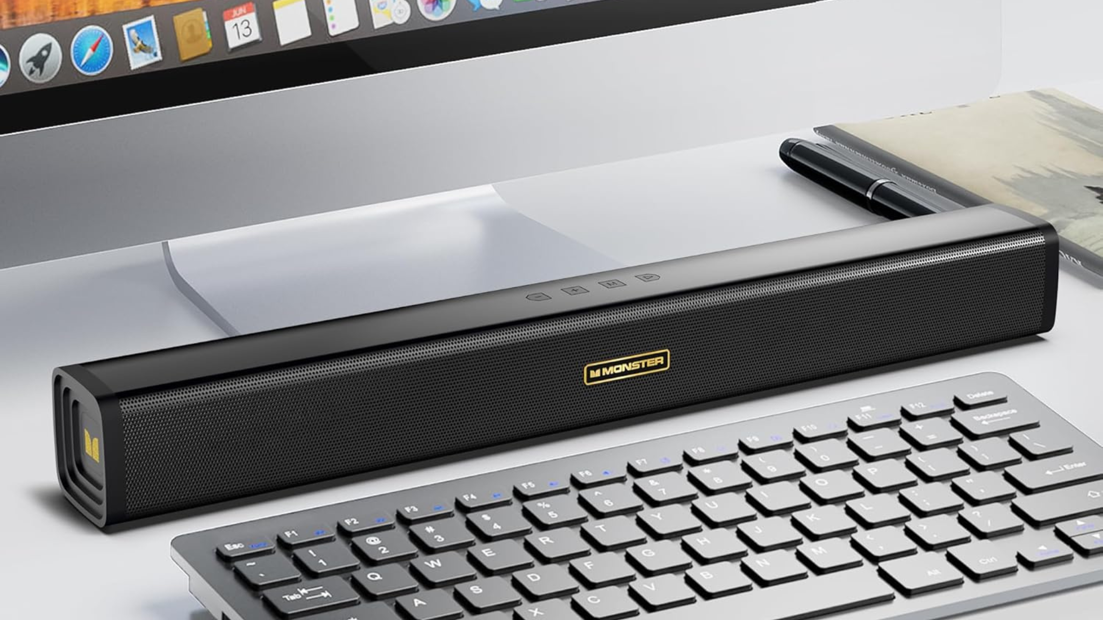 Monster S220 Soundbar next to keyboard