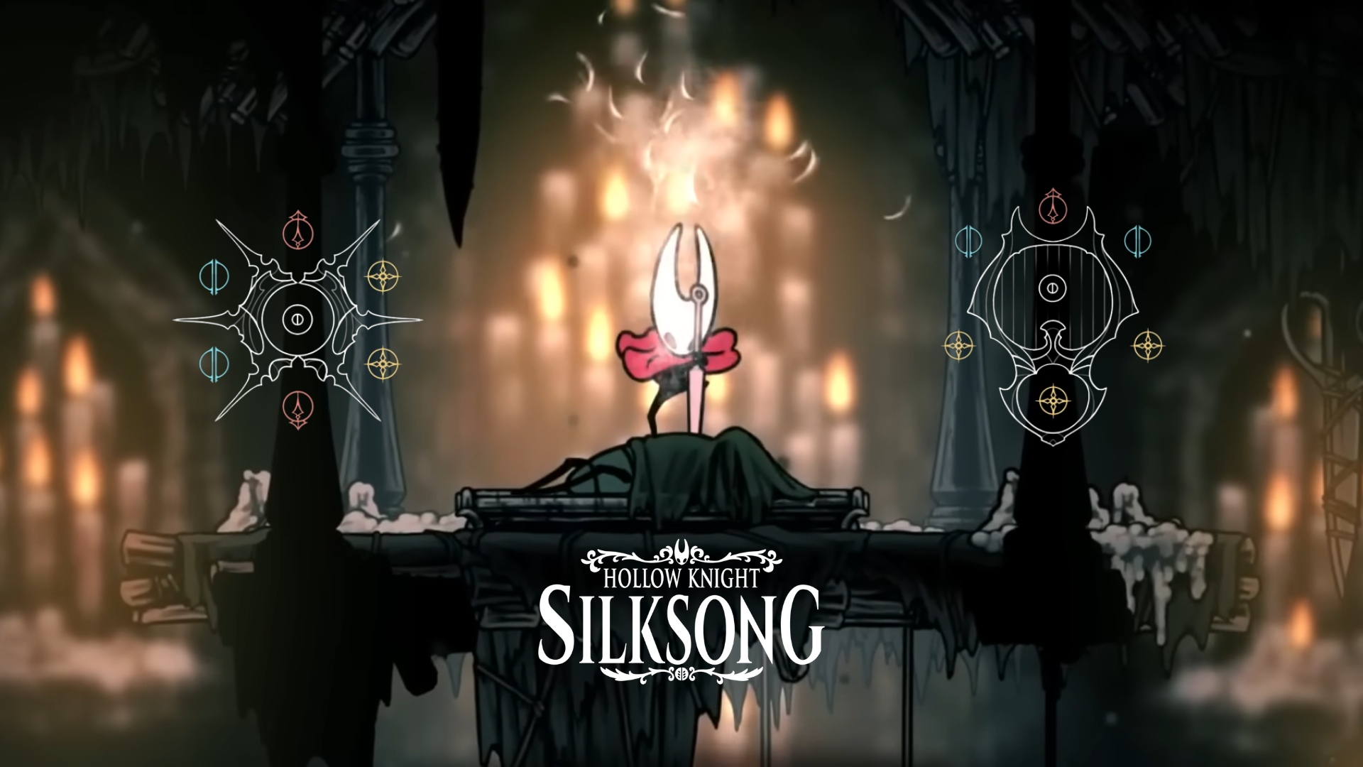 Hornet with two crests and the Silksong logo at the bottom