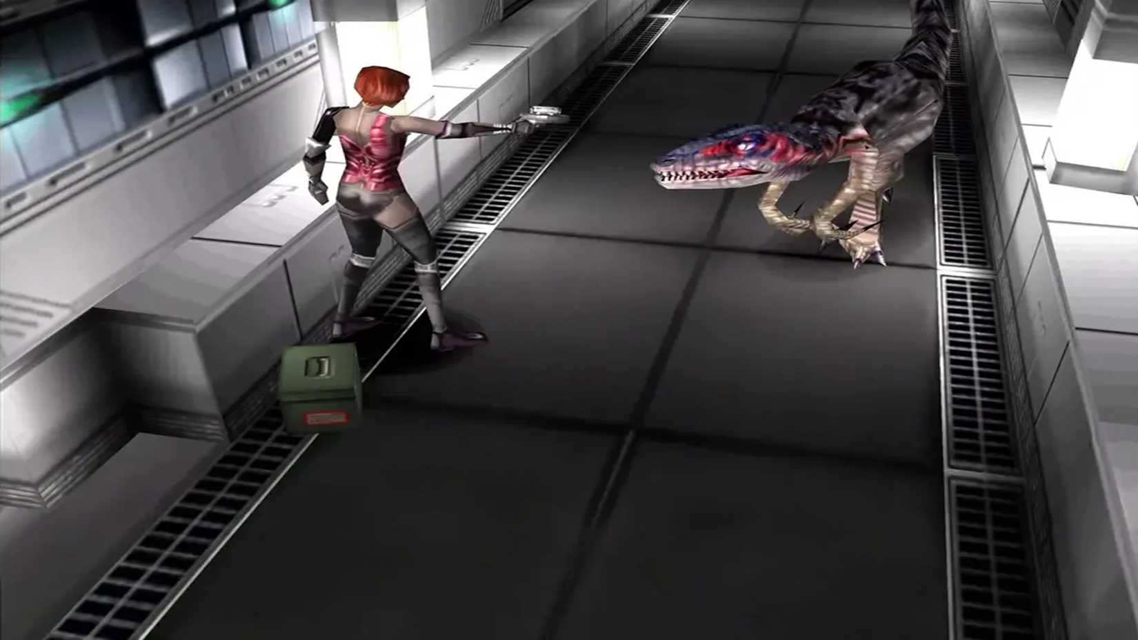 A screenshot of Regina fighting a dinosaur in Dino Crisis