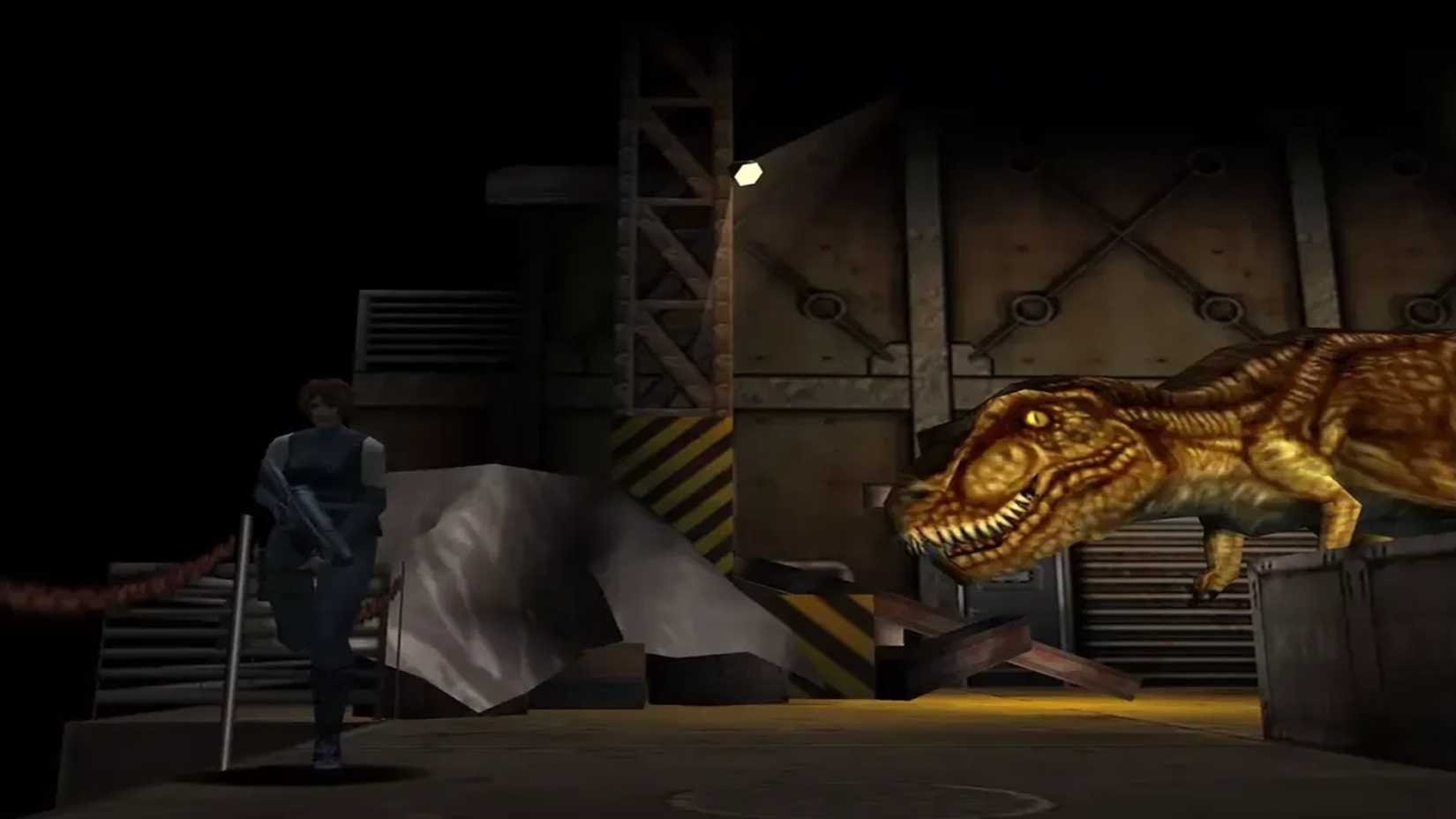 A screenshot of Regina running away from the T-Rex in Dino Crisis
