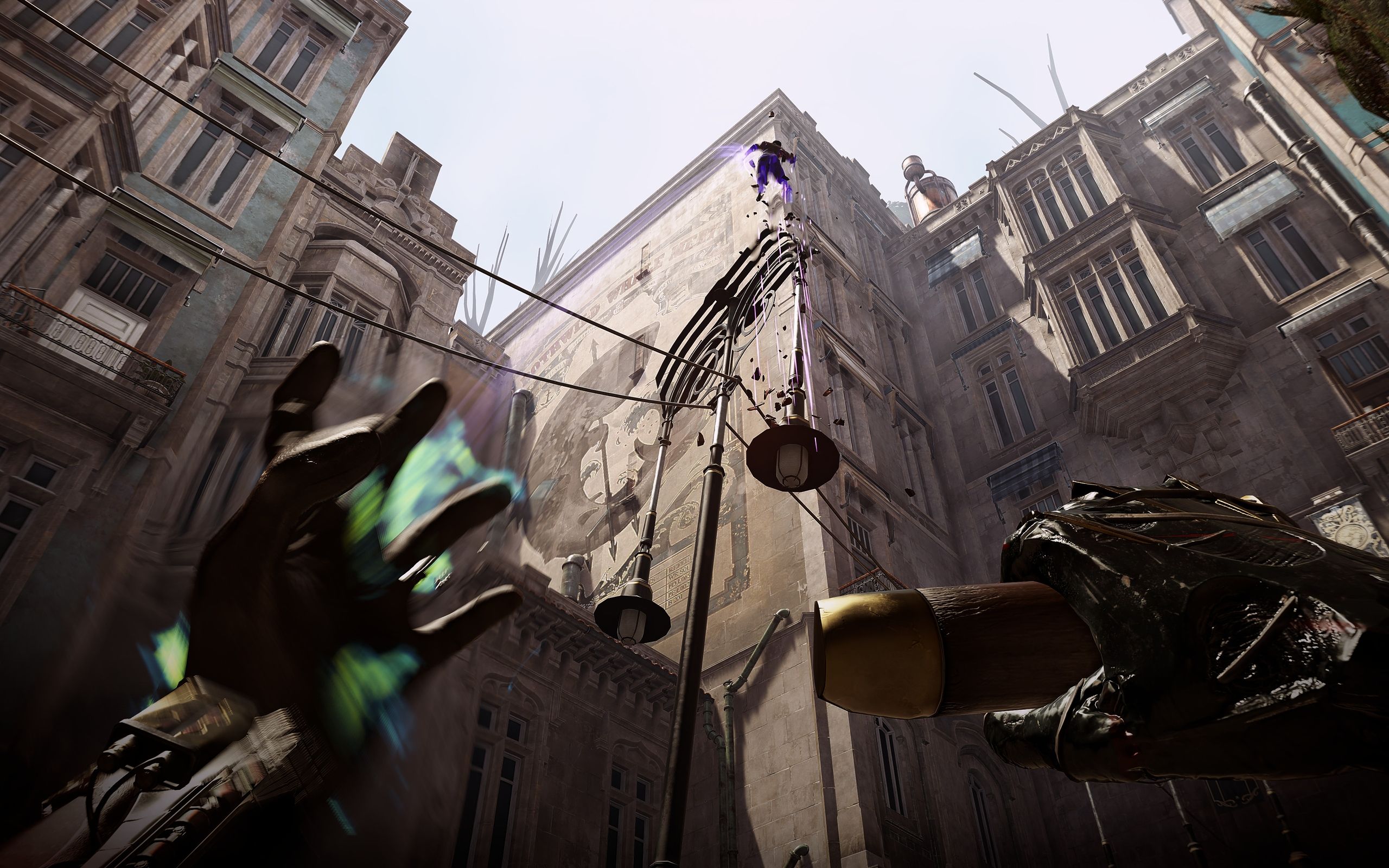 Looking up at tall buiildings in Dishonored 2.