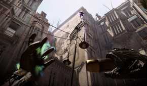 Looking up at tall buiildings in Dishonored 2.