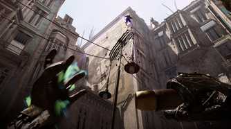 Looking up at tall buiildings in Dishonored 2.