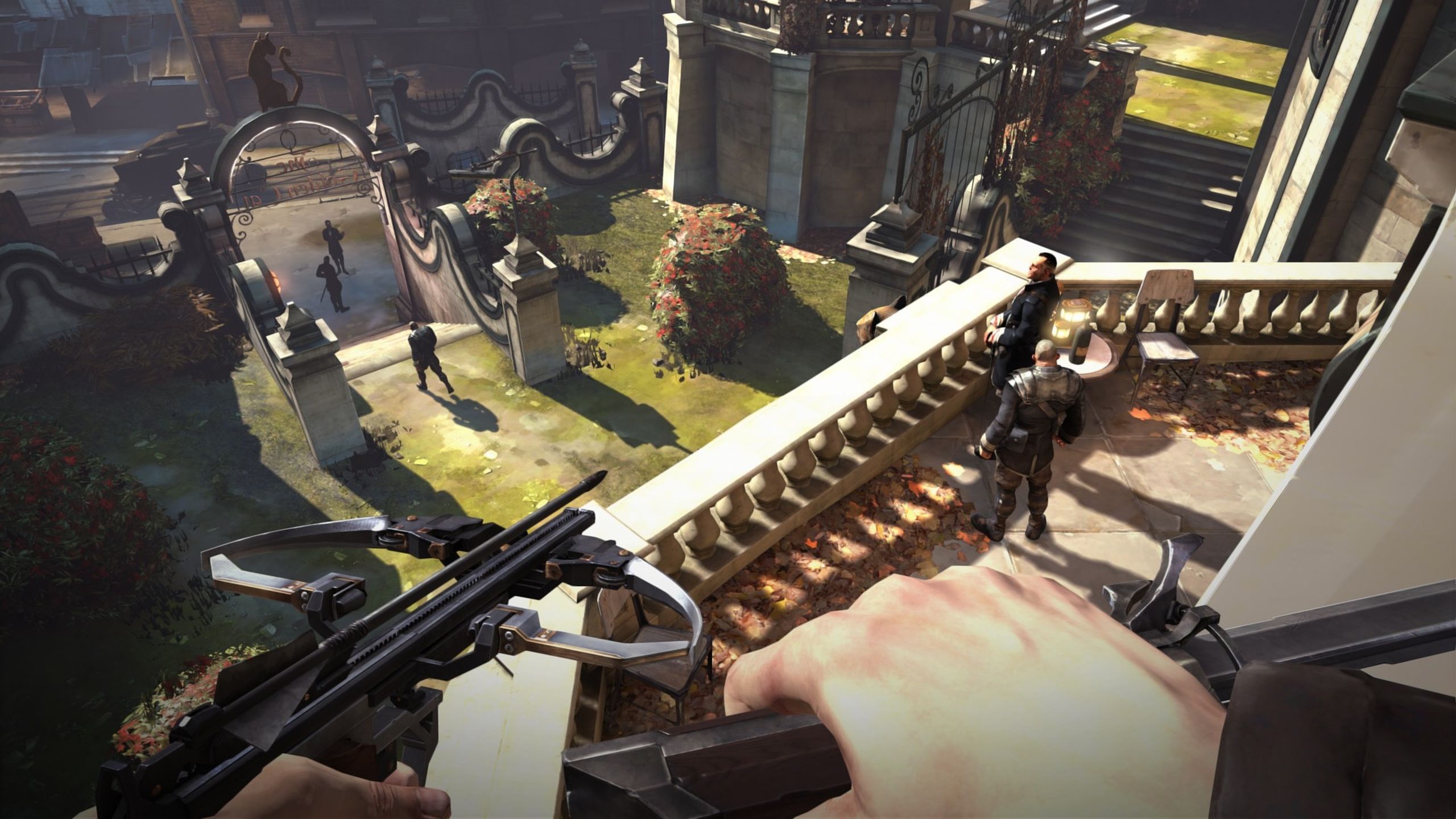 Corvo with a knife and crossbow in Dishonored.