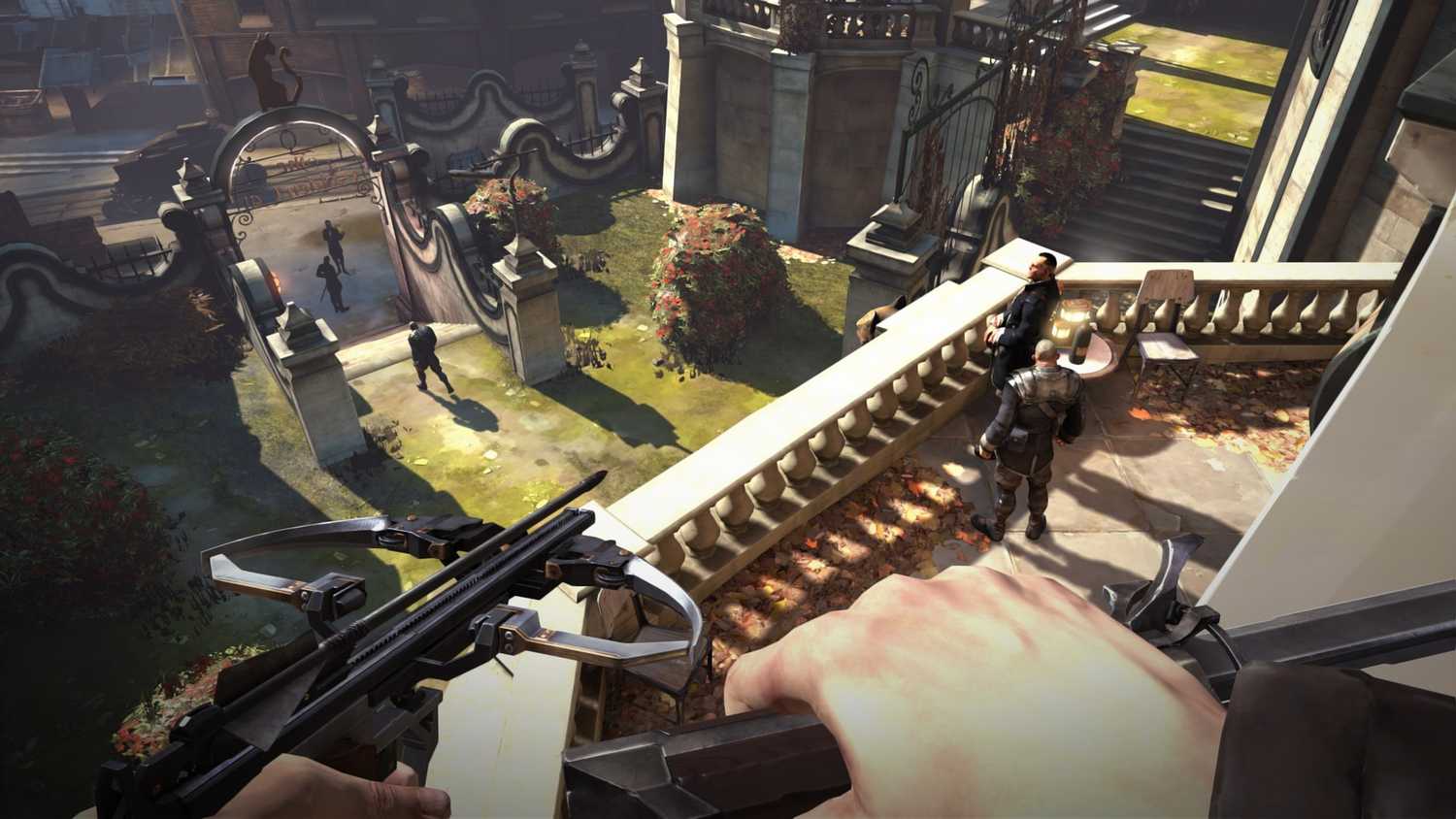 Corvo with a knife and crossbow in Dishonored.