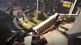 Corvo with a knife and crossbow in Dishonored.