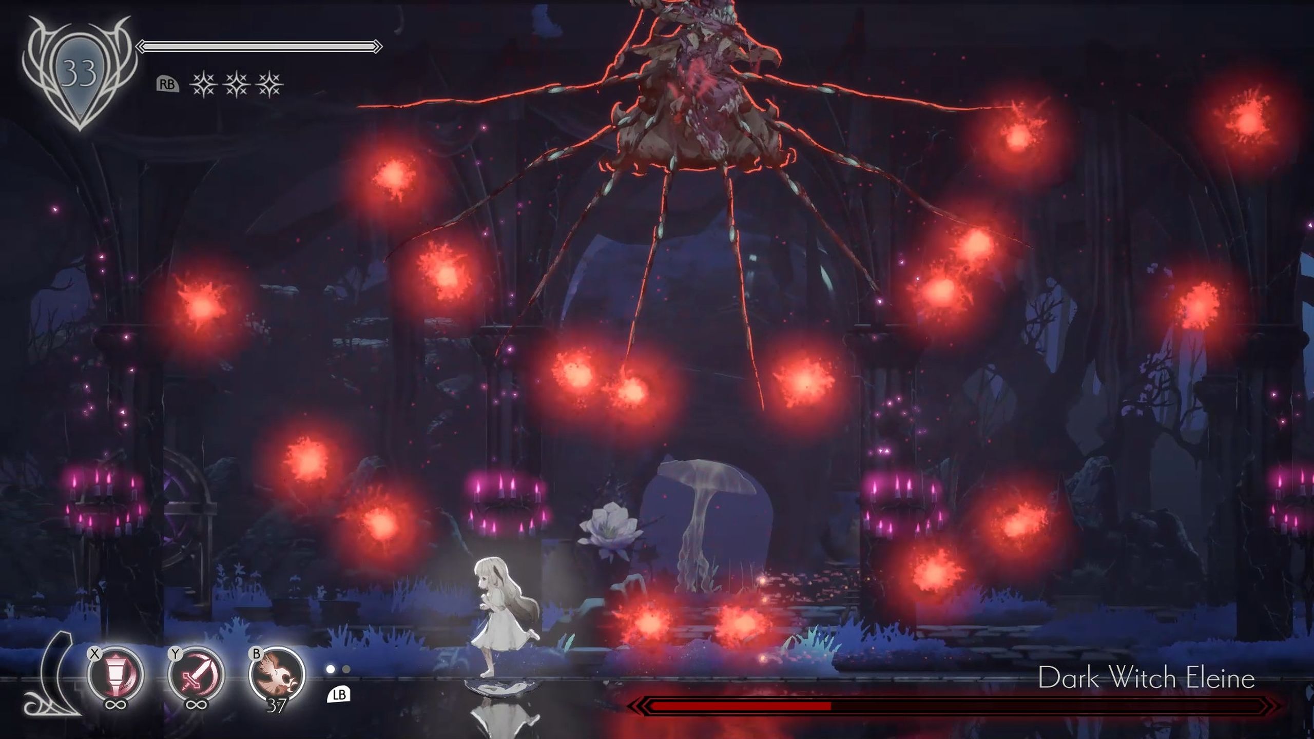 Battling the Dark Witch Eleine in Ender Lilies.