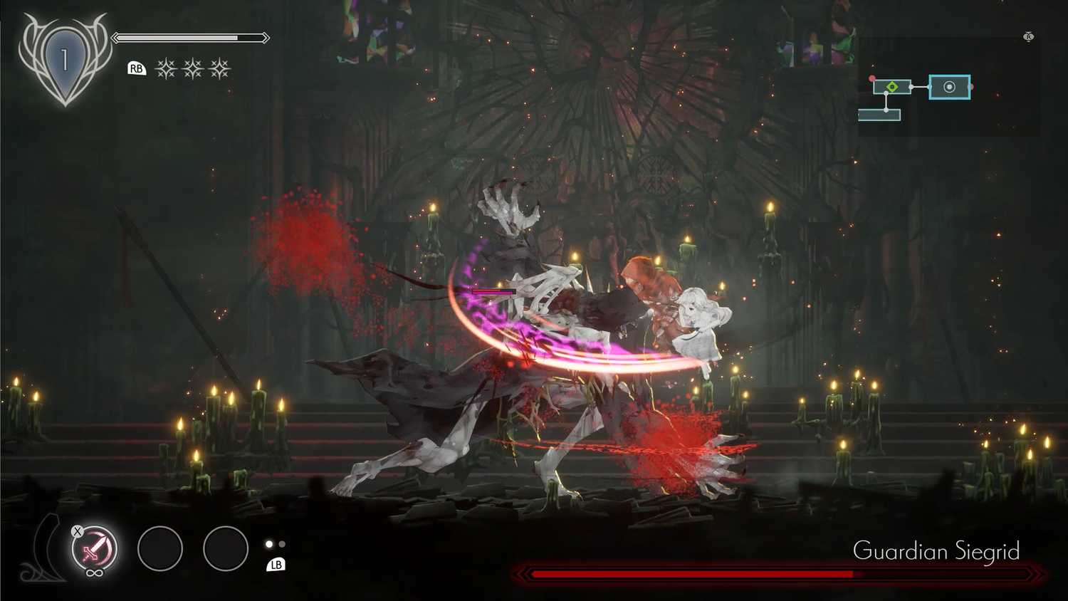 Battling the Guardian Siegrid in Ender Lilies.