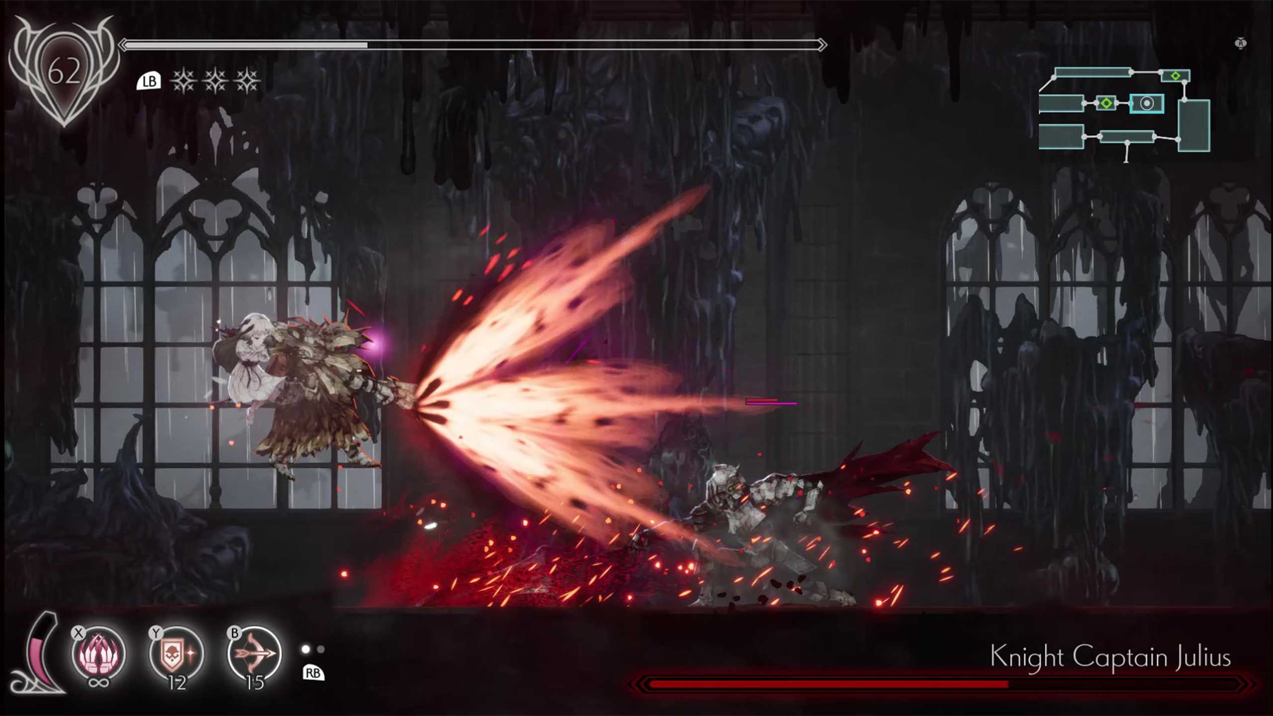 The player fighting Knight Captain Julius in Ender Lilies.