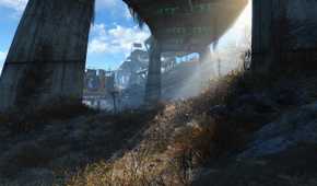 Sunlight peeking under a deserted bridge in Fallout 4.