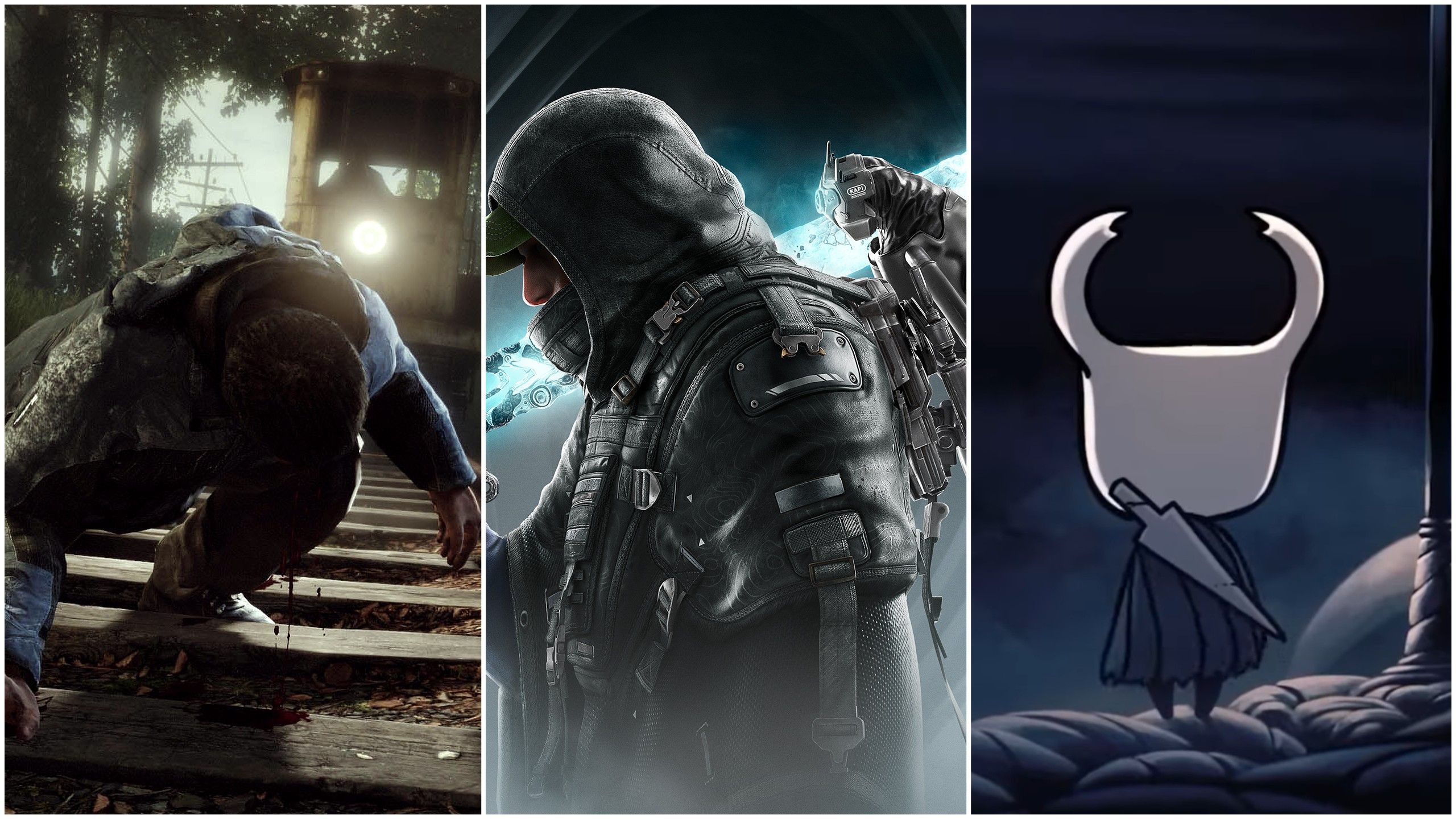 A tri-image collage of screenshots from The Vanishing of Ethan Carter, Hell is Us, and Hollow Knight.