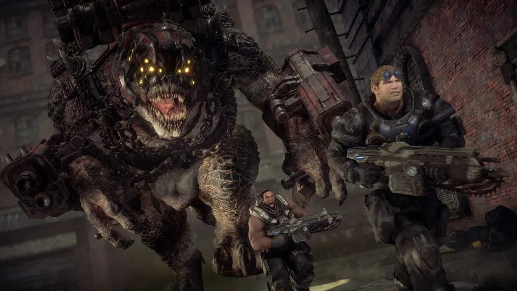 A screenshot of Baird and Cole running from a Brumak in Gears of War: Reloaded.